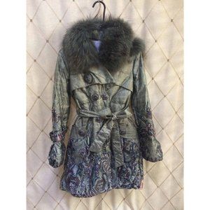 Winter Coat Green Gray Fur Hood Collar Size S